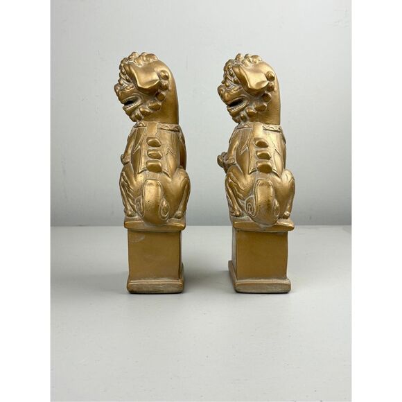 Pair of Chinese Foo Dog with Puppy 11in Gold Chalkware Figurines Statues - Picture 2 of 6